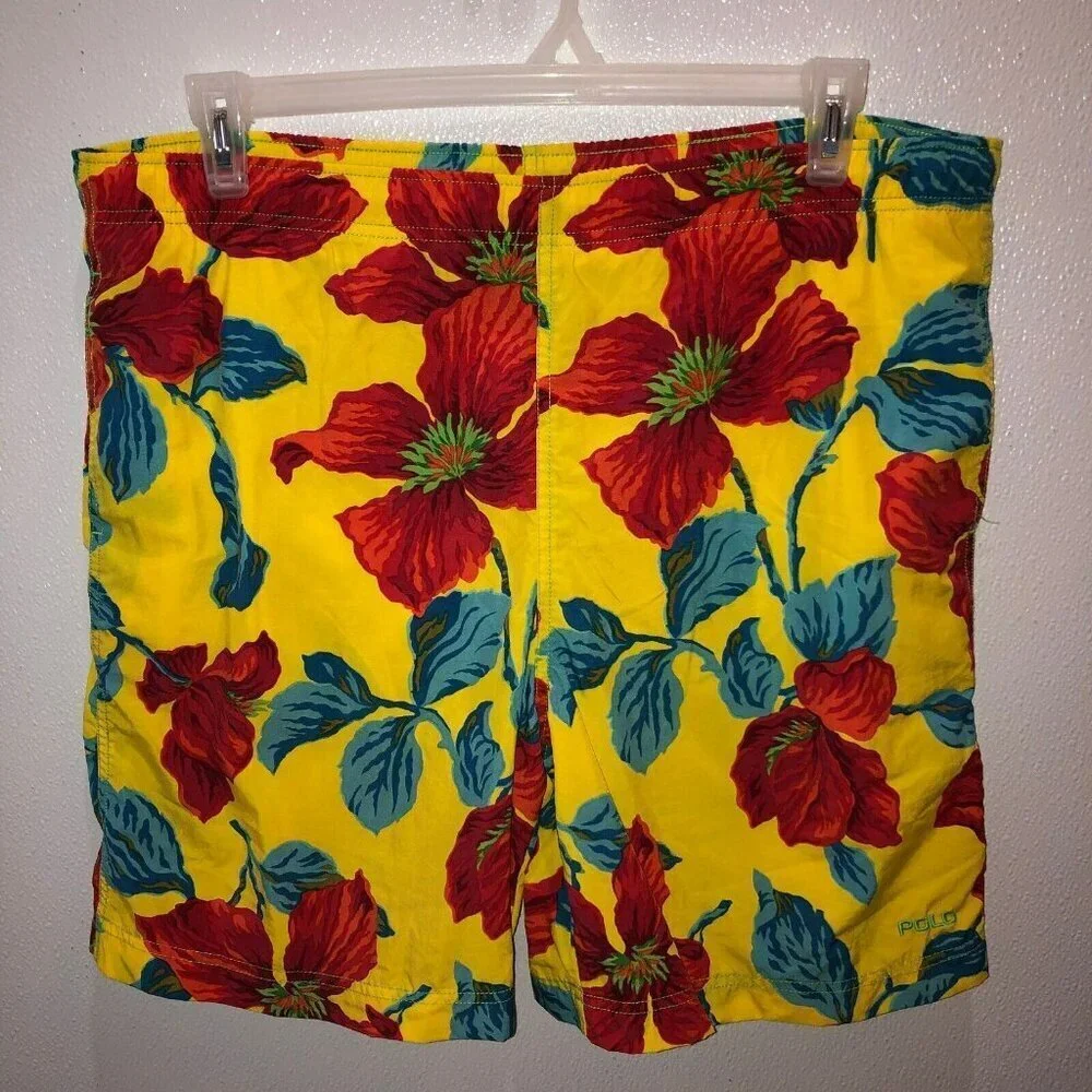 VTG Polo Sport Ralph Lauren Mens Large Yellow Floral Hawaiian Shorts Swim Trunks